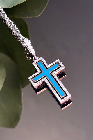 A  jewellery Catholic cross of the Petite Harmony , white 18K gold,  enamel,  diamonds.  VARVARA collection brand. 18K white gold, coloured enamel, 74 round cut diamonds FG\VS1 Weight of gold 5.78g Diamonds, carat total weight 0.4ct