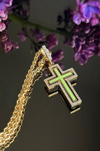 jewellery  Catholic cross  Petite Harmony 18K yellow gold , enamel, diamonds. VARVARA collection brand 18K yellow gold, coloured enamel, 74 round cut diamonds FG\VS1 Weight of gold 5.25g Diamonds, carat total weight 0.4ct. varvara-collection.com