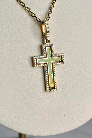 jewellery  Catholic cross  Petite Harmony 18K yellow gold , enamel, diamonds. VARVARA collection brand 18K yellow gold, coloured enamel, 74 round cut diamonds FG\VS1 Weight of gold 5.25g Diamonds, carat total weight 0.4ct. varvara-collection.com