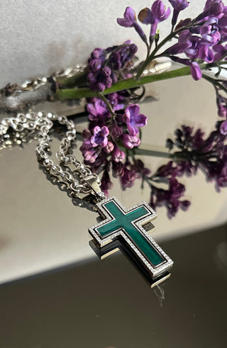 Unique Catholic cross of the Grande Harmony,18K white gold, enamelled and framed with 99 sparkling diamonds. The enamel is made in a special technique, it seems to glow from within. 18K white gold, coloured enamel, 99 round cut diamonds FG\VS1 Weight of gold 9.98 g Diamonds, carat total weight 0.49ct. varvara-collection.com