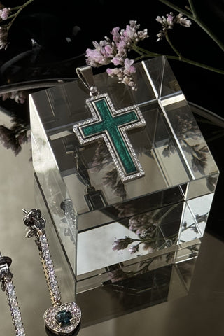 Unique Catholic cross of the Grande Harmony,18K white gold, enamelled and framed with 99 sparkling diamonds. The enamel is made in a special technique, it seems to glow from within. 18K white gold, coloured enamel, 99 round cut diamonds FG\VS1 Weight of gold 9.98 g Diamonds, carat total weight 0.49ct. varvara-collection.com