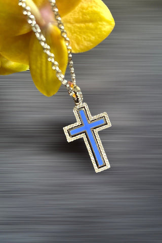 A  jewellery Catholic cross of the Petite Harmony , white 18K gold,  enamel,  diamonds.  VARVARA collection brand. 18K white gold, coloured enamel, 74 round cut diamonds FG\VS1 Weight of gold 5.78g Diamonds, carat total weight 0.4ct varvara-collection.com