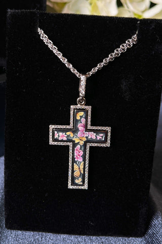 Unique large jewellery Catholic cross Holy Bloom made, 18K white gold and enamel, diamonds. Fine painting of VARVARA collection jewellery enamel. Soft pink orchids surrounded by butterflies. 18k white gold, painted enamel, 102 diamonds FG\VS1 Weight of gold 9.98g Diamonds, carat total weight 0.49ct. varvara-collection.com