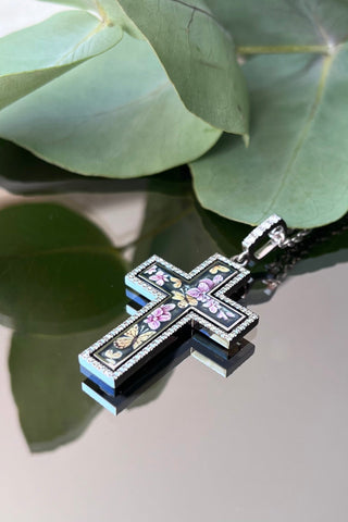 Unique large jewellery Catholic cross Holy Bloom made, 18K white gold and enamel, diamonds. Fine painting of VARVARA collection jewellery enamel. Soft pink orchids surrounded by butterflies. 18k white gold, painted enamel, 102 diamonds FG\VS1 Weight of gold 9.98g Diamonds, carat total weight 0.49ct. varvara-collection.com