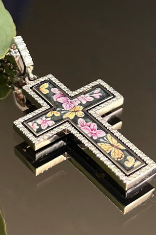 Unique large jewellery Catholic cross Holy Bloom made, 18K white gold and enamel, diamonds. Fine painting of VARVARA collection jewellery enamel. Soft pink orchids surrounded by butterflies. 18k white gold, painted enamel, 102 diamonds FG\VS1 Weight of gold 9.98g Diamonds, carat total weight 0.49ct. varvara-collection.com