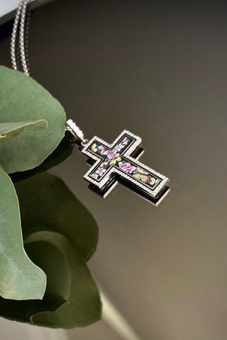large jewellery Catholic cross Holy Bloom made, 18K white gold and enamel, diamonds. Fine painting of VARVARA collection jewellery enamel. Soft pink orchids surrounded by butterflies. 18k white gold, painted enamel, 102 diamonds FG\VS1 Weight of gold 9.98g Diamonds, carat total weight 0.49ct. varvara-collection.com