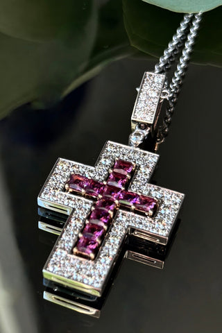 Large Catholic Mercury cross. Purple garnet, diamonds,18K white and yellow gold. VARVARA collection design.18K white and yellow gold, royal purple garnet, 134 diamonds champagne of different cuts, white gold 16.17g , yellow gold 1.86g  Garnet, carat total weight 2.57ct  Diamonds, carat total weight 2.18ct. varvara-collection.com