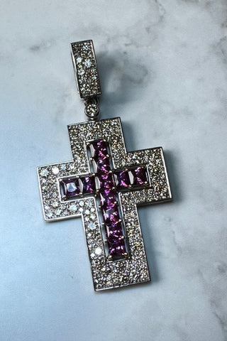 Large Catholic Mercury cross. Purple garnet, diamonds,18K white and yellow gold. VARVARA collection design.18K white and yellow gold, royal purple garnet, 134 diamonds champagne of different cuts, white gold 16.17g , yellow gold 1.86g  Garnet, carat total weight 2.57ct  Diamonds, carat total weight 2.18ct. varvara-collection.com