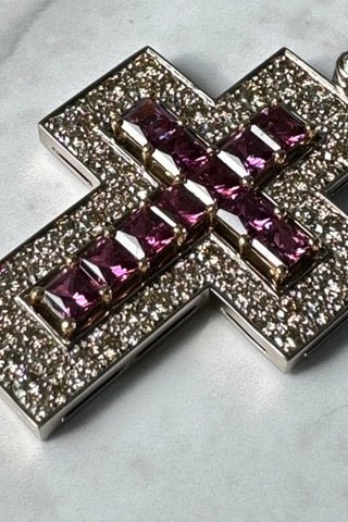 Large Catholic Mercury cross. Purple garnet, diamonds,18K white and yellow gold. VARVARA collection design.18K white and yellow gold, royal purple garnet, 134 diamonds champagne of different cuts, white gold 16.17g , yellow gold 1.86g  Garnet, carat total weight 2.57ct  Diamonds, carat total weight 2.18ct. varvara-collection.com