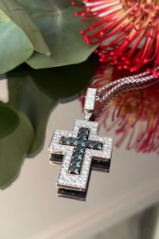 Unique jewellery large Catholic Mercury cross, grey spinel, diamonds,18k white and yellow gold just keeps the stones in place without drawing attention to itself. VARVARA collection design. varvara-collection.com