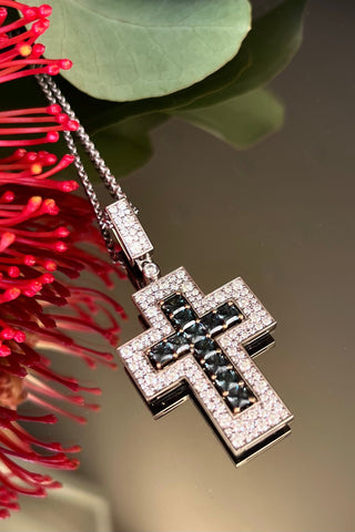 Unique jewellery large Catholic Mercury cross, grey spinel, diamonds,18k white and yellow gold just keeps the stones in place without drawing attention to itself. VARVARA collection design. varvara-collection.com