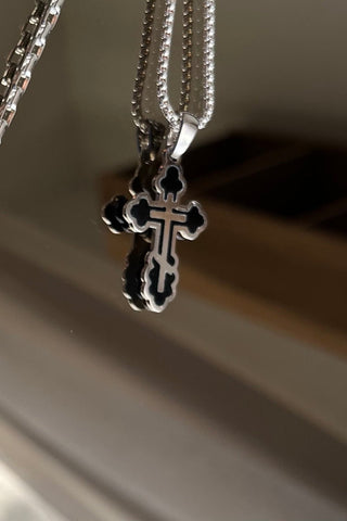 A handmade Orthodox cross Gloria, carefully crafted in 18K white gold and coloured enamel. Laconic design can be combined with classic and modern style. VARVARA collection.