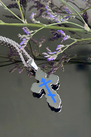 A handmade Orthodox cross Gloria, carefully crafted in 18K white gold and coloured enamel. Laconic design can be combined with classic and modern style. VARVARA collection.