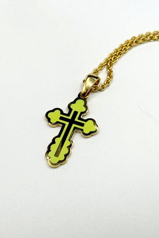 A handmade Orthodox cross Gloria, carefully crafted in 18K yellow gold and coloured enamel. Modern style. Fine jewellery  VARVARA collection.