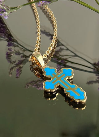 An Orthodox cross  Gloria , carefully crafted in 18K yellow gold and coloured enamel.  VARVARA collection enamel. 