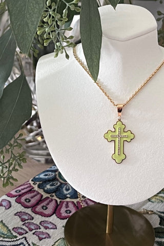 Holy Bloom cross, yellow gold with enamel and diamonds. Fine painting of VARVARA collection jewellery enamel, diamonds. Orchid is a symbol of love and beauty. 18k yellow gold with 24 round diamonds FG\VS. varvara-collection.com