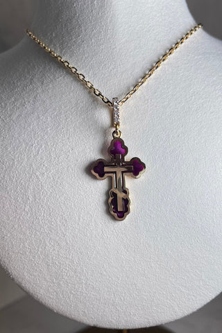 An elegant orthodox cross of the Margaret series with a classic shape is made of 18 carat yellow gold, decorated with coloured transparent enamel and diamonds. VARVARA collection.