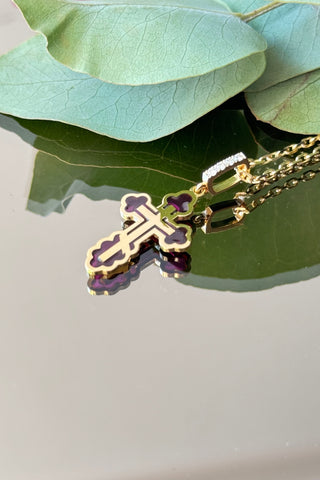 An elegant orthodox cross of the Margaret series with a classic shape is made of 18 carat yellow gold, decorated with coloured transparent enamel and diamonds. VARVARA collection.