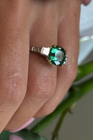 Cocktail ring, white and yellow gold 750. Green tourmaline and diamonds. 