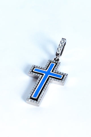 A  jewellery Catholic cross of the Petite Harmony , white 18K gold,  enamel,  diamonds.  VARVARA collection brand. 18K white gold, coloured enamel, 74 round cut diamonds FG\VS1 Weight of gold 5.78g Diamonds, carat total weight 0.4ct