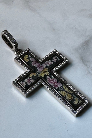 Unique large jewellery Catholic cross Holy Bloom made, 18K white gold and enamel, diamonds. Fine painting of VARVARA collection jewellery enamel. Soft pink orchids surrounded by butterflies. 18k white gold, painted enamel, 102 diamonds FG\VS1 Weight of gold 9.98g Diamonds, carat total weight 0.49ct. varvara-collection.com